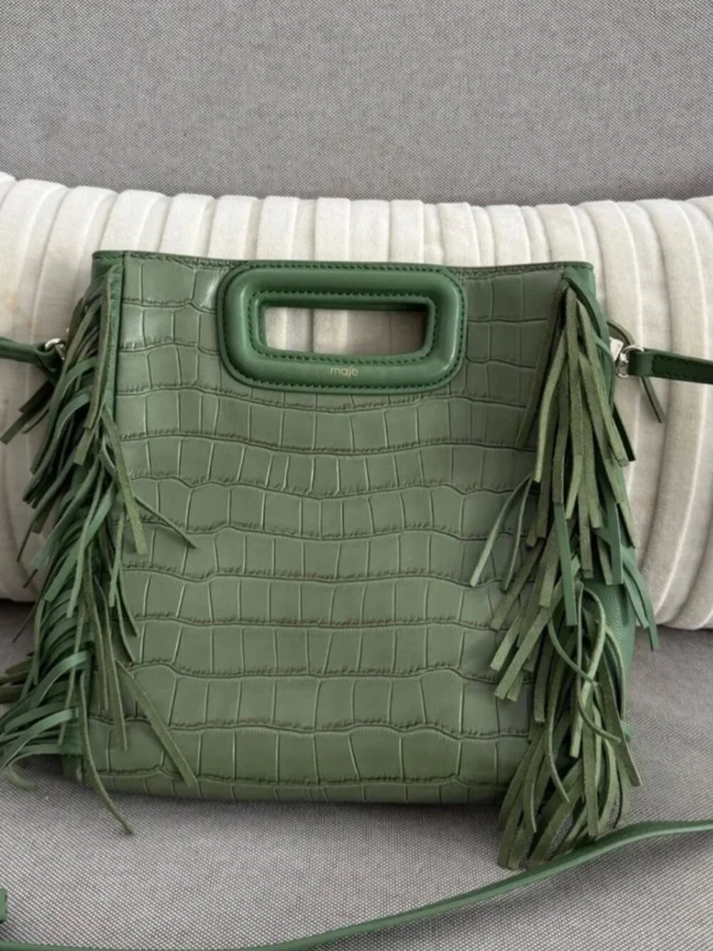 Maje | Limited Edition Olive Leather Crocodile Embossed Fringe Crossbody Bag
